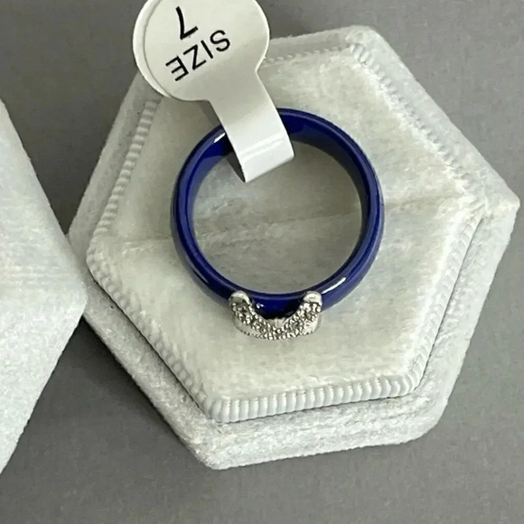 Blue Ceramic Cubic Zirconia Stainless Steel Ring Size 7 - Picture 6 of 10